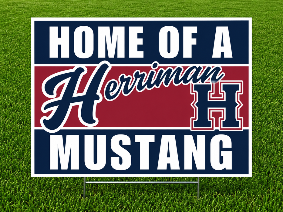 Home of a Herriman Mustang yard sign featuring bold navy, maroon, and white school colors, large white "HOME OF A" and "MUSTANG" text, a script-style "Herriman" across the center, and the Herriman High School "H" logo on a corrugated plastic yard sign with an H-stake for outdoor display.