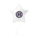 White star-shaped mylar balloon with Herriman High School Mustangs circular logo in navy blue and red at center, includes attached string.