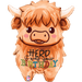 Orange mylar balloon shaped like a fluffy Highland cow with horns, brown eyes, pink cheeks, and text reading "it HERD it was your BIRTHDAY" in colorful letters across its body.