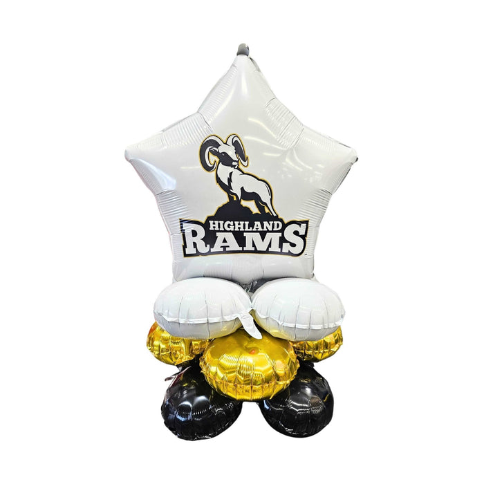 White star-shaped foil balloon with Highland Rams logo featuring a ram illustration, topped with white and gold metallic round balloons and black balloon feet.