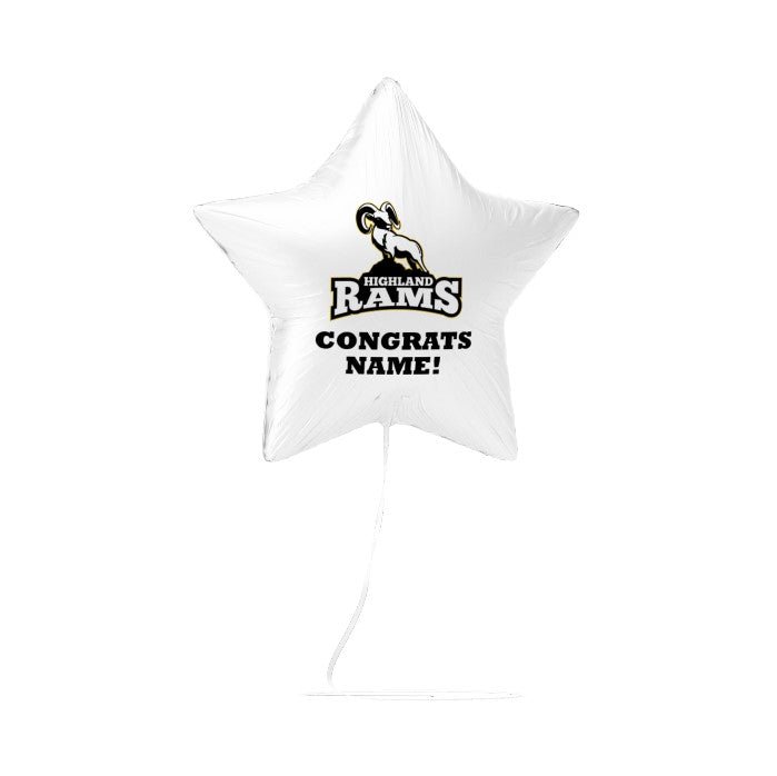 White star-shaped foil balloon with Highland Rams logo and "Congrats Name!" text printed in black.