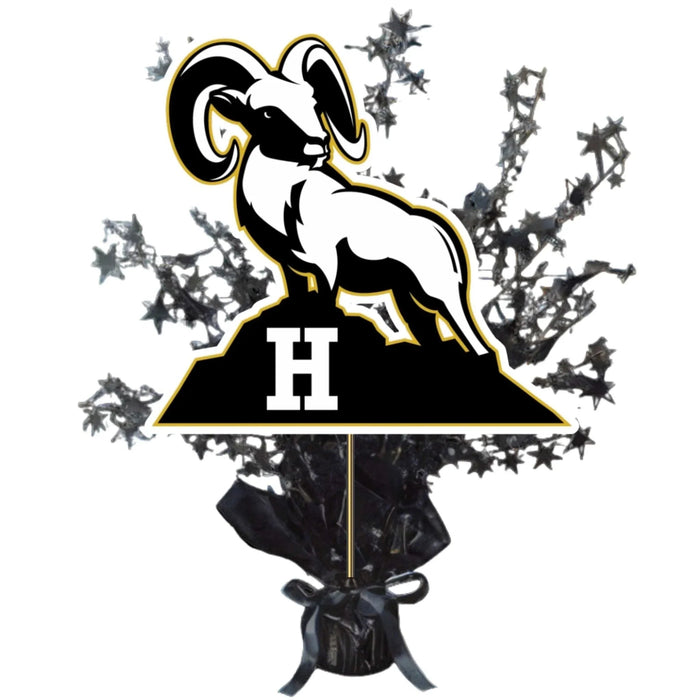 Black and gold ram logo with letter H on a black base, surrounded by decorative star sprays, mounted on a black ribbon-tied pedestal centerpiece.