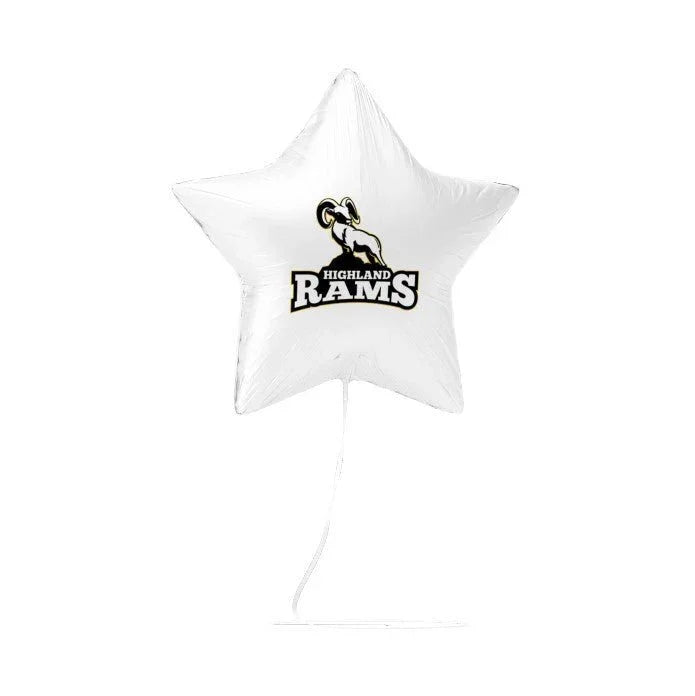 White star-shaped mylar balloon featuring the Highland Rams logo with a ram graphic and text.