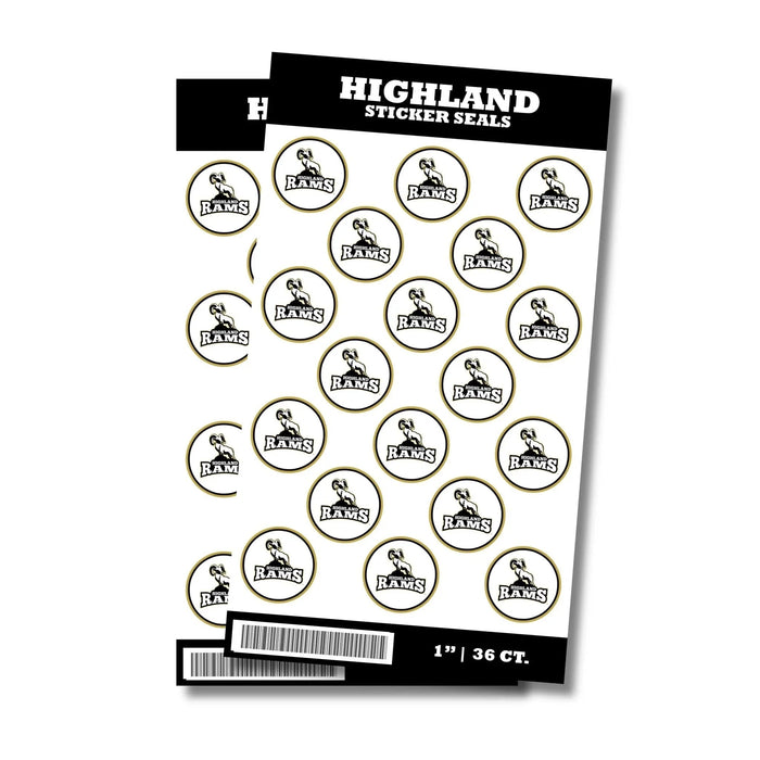 Highland High School Rams sticker seals sheet with 36 circular 1-inch white and gold stickers featuring the ram logo.
