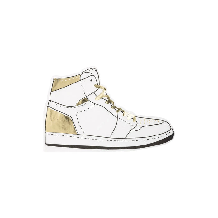 White and gold high-top sneaker-shaped paper napkins with black sole detail and lace design, shown as a single napkin illustration.