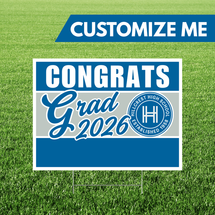 Graduation-themed customizable sign with 'Congrats Grad 2026' text on a grass background