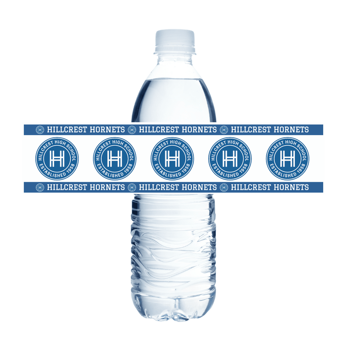 Clear plastic water bottle with blue and white Hillcrest Hornets school label bands wrapping around the middle, featuring five circular logos and repeated text.