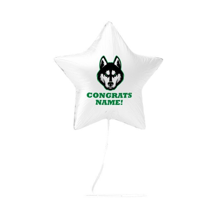 White star-shaped mylar balloon featuring a black husky wolf head logo in green text reading "CONGRATS NAME!" with a white string attached.