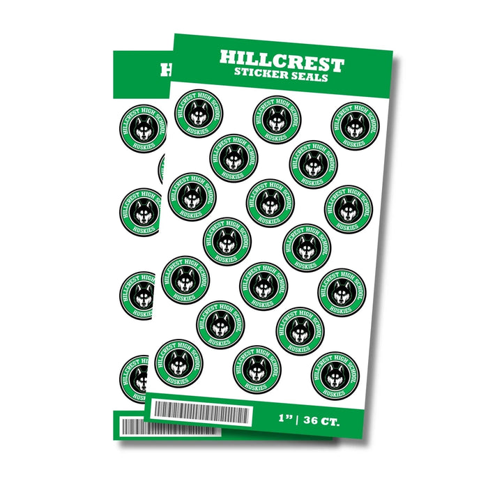 Hillcrest sticker seals sheet featuring 36 green and black circular Huskies logos arranged in rows, each 1 inch in diameter.