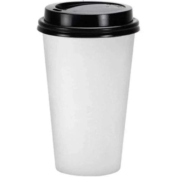 White 16 oz paper cup with a black lid, shown as a single cup against a white background.