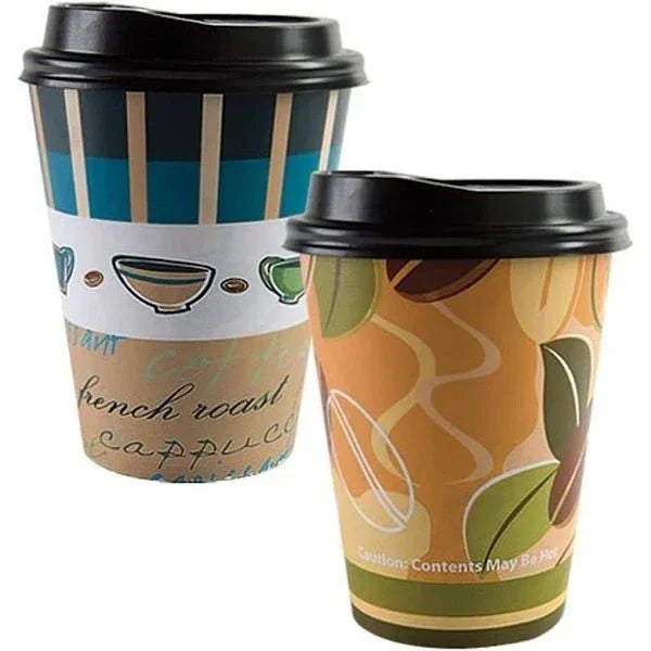 Two decorative paper coffee cups with black plastic lids, one featuring blue and tan stripes with a smiling face design, the other with an orange and green leaf pattern.