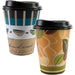 Two decorative paper coffee cups with black plastic lids, one featuring blue and tan stripes with a smiling face design, the other with an orange and green leaf pattern.