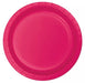 Bright magenta round paper plate with a slightly raised rim and textured edge detail, shown from above against a white background.