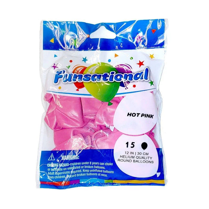 Package of 15 hot pink 12-inch latex balloons with colorful "Funsational" branding and rainbow balloon graphic on white and blue packaging.