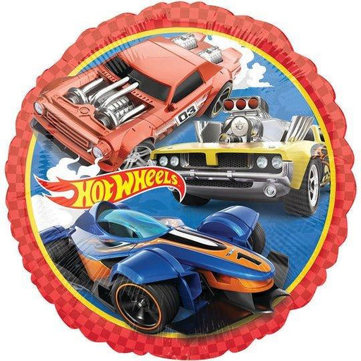 Red round mylar balloon featuring three colorful Hot Wheels race cars and the Hot Wheels logo against a blue and white background.