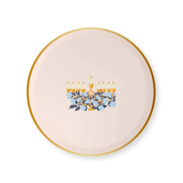 Cream-colored round plate with gold rim featuring a decorative menorah with nine lit candles and blue floral details in the center.