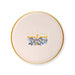Cream-colored round plate with gold rim featuring a decorative menorah with nine lit candles and blue floral details in the center.