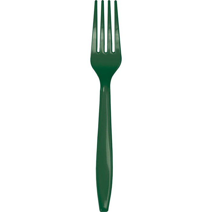 Single hunter green plastic fork with four tines, tapered handle, shown against a white background.