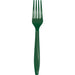 Single hunter green plastic fork with four tines, tapered handle, shown against a white background.