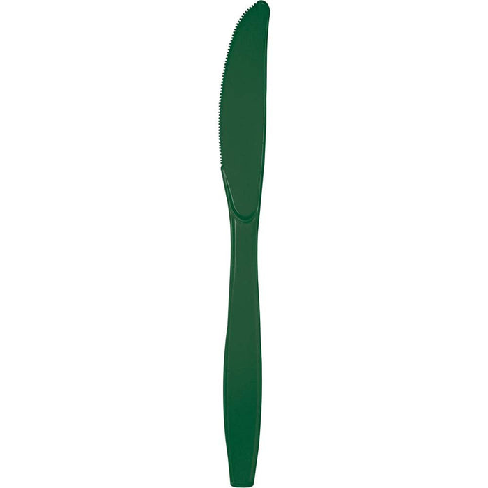 Dark green plastic knife with a serrated edge and tapered handle, shown against a white background.