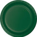 Round hunter green paper plate with a ribbed rim and concentric circle design in the center.