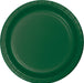 Round hunter green paper plate with a ribbed rim and concentric circular grooves on the surface.
