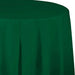 Hunter green round plastic tablecloth with gathered folds, shown draped over a table with a curved top edge visible against a white background.