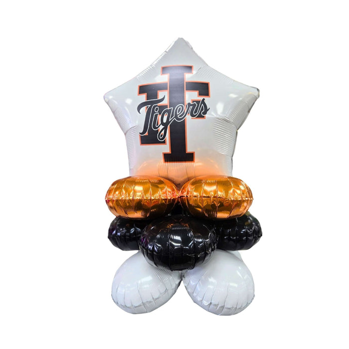 Balloon bouquet with 'Tigers' logo on a white background