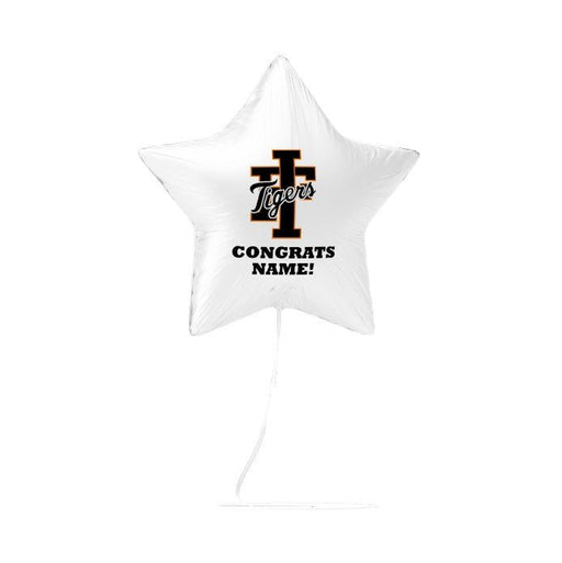 White star-shaped foil balloon featuring a Tigers logo with a cross, text reading "CONGRATS NAME!" and attached string.