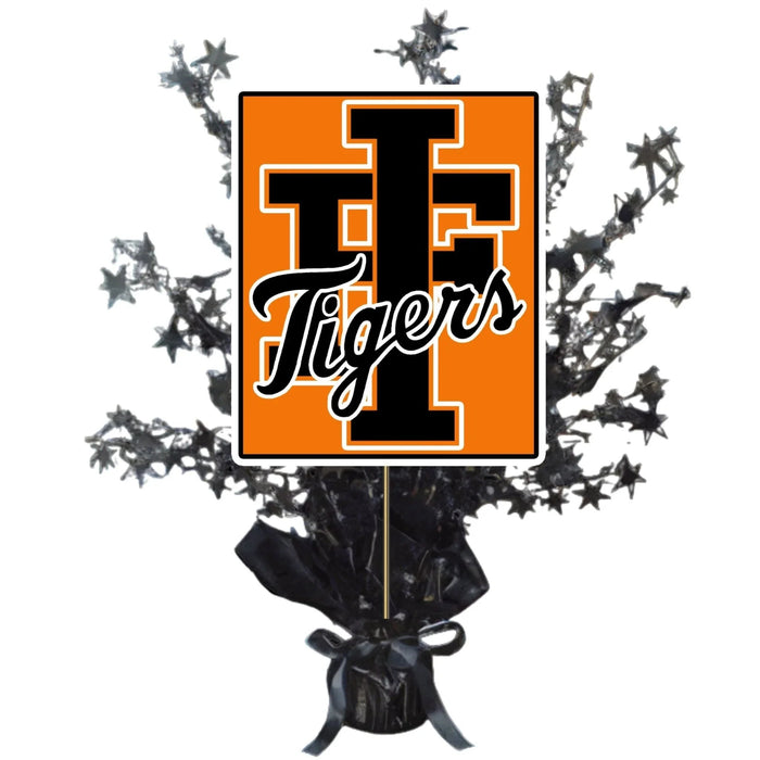 Orange and black Tigers logo centerpiece spray with black star-shaped picks and ribbon bow, approximately 14 inches tall.