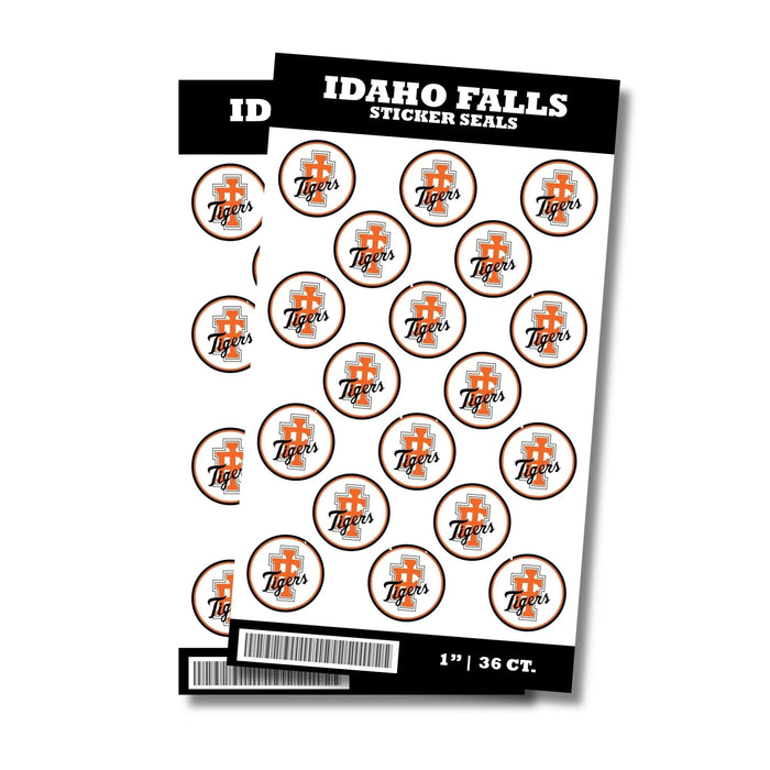 Sheet of 36 round sticker seals featuring the Idaho Falls Tigers logo in orange and white with brown borders, each measuring 1 inch in diameter.