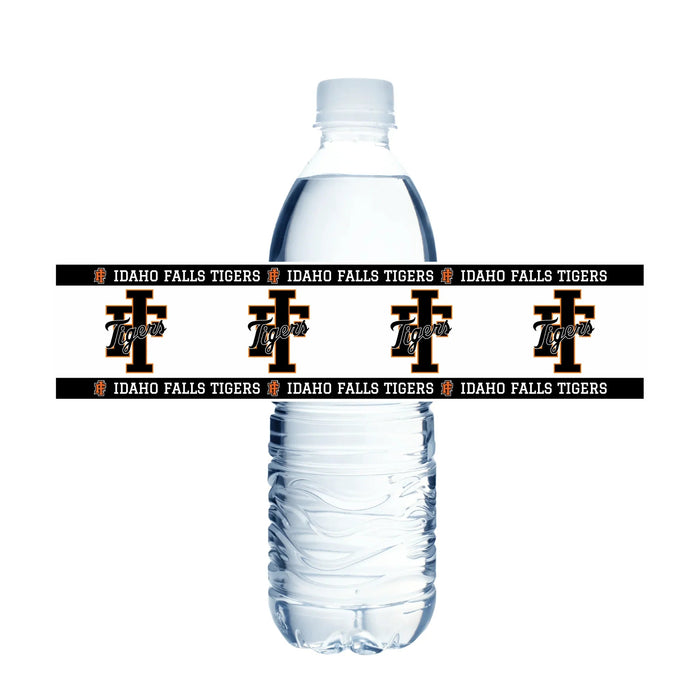 Clear plastic water bottle wrapped with black Idaho Falls Tigers bands featuring the school logo and text repeated across the top and bottom.