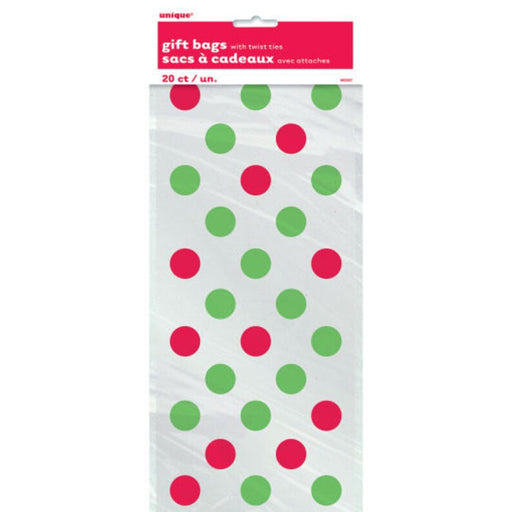 A package of Unique Party 5 inch by 11 inch Christmas Dots Cello Gift bags.