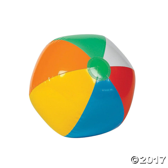 Colorful inflatable beach ball with six alternating panels in orange, yellow, blue, red, green, and white, featuring a green valve at the center.