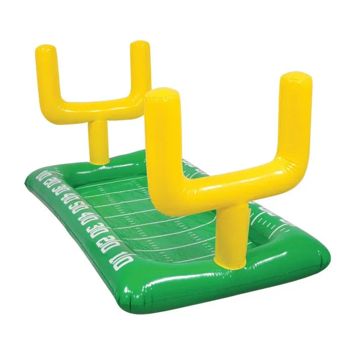 Green inflatable cooler shaped like a football field with yellow goal post uprights on each end and white yard line markings across the top surface.