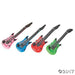 Four colorful inflatable guitars in pink, blue, red, and green with black fretboards and decorative designs arranged in a row.