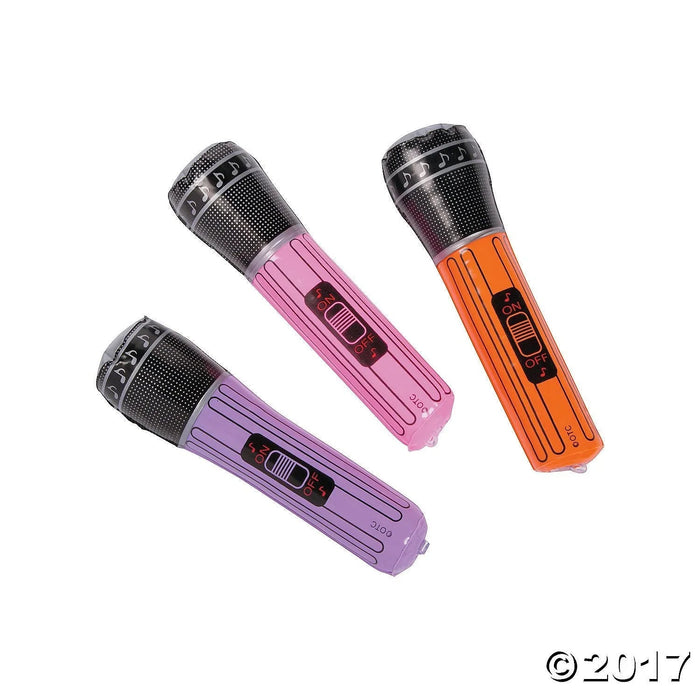 Three colorful inflatable microphones in purple, pink, and orange with black mesh tops and control panels arranged on a white background.