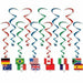 Set of twelve colorful spiral hanging decorations in red, blue, and green with flags representing Germany, Brazil, USA, Canada, Mexico, UK, and South Africa attached at the bottom.