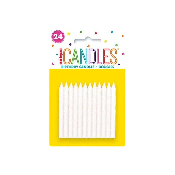 Pack of 24 white spiral birthday candles displayed in a yellow window box with colorful confetti and text reading "Candles" at the top.