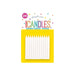 Pack of 24 white spiral birthday candles displayed in a yellow window box with colorful confetti and text reading "Candles" at the top.