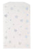 White paper treat bag with scattered iridescent gray and blue hearts and stars in various sizes throughout the design.