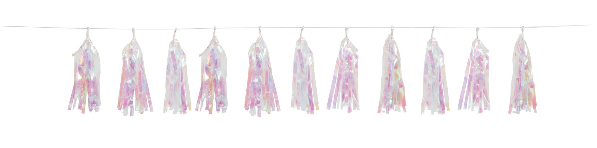 Eleven iridescent pastel tassels in pink, purple, and white hanging from a string, creating a decorative garland.