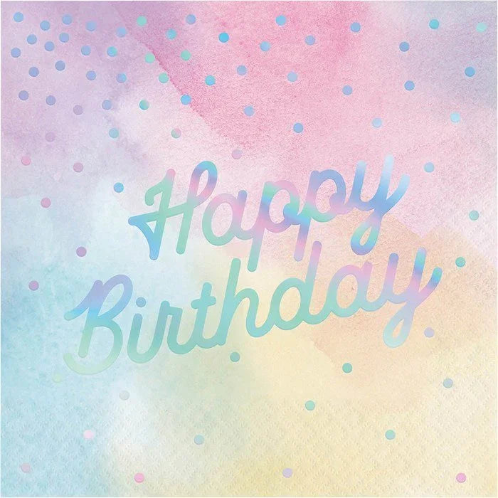 Iridescent lunch napkins featuring "Happy Birthday" text in gradient colors against a pastel watercolor background with scattered polka dots.
