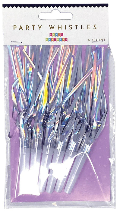 Package of 6 iridescent party whistles with colorful rainbow stripes in purple, blue, yellow, and pink tones on a purple gradient background.