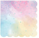 Pack of 16 iridescent napkins with scalloped edges featuring a gradient watercolor design transitioning from pink and purple at the top to blue and yellow at the bottom, scattered with small holographic dots.