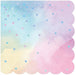 Pastel gradient napkins with scalloped edges in pink, blue, yellow, and lavender, decorated with iridescent polka dots throughout.