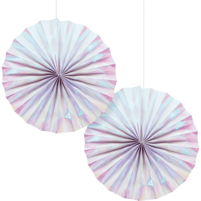 Two iridescent paper fans with pleated circular designs in pastel pink, purple, blue, and white stripes, suspended from strings against a white background.