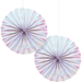 Two iridescent paper fans with pleated circular designs in pastel pink, purple, blue, and white stripes, suspended from strings against a white background.