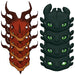 How To Train Your Dragon Paper Masks with assorted red and dark green dragon face designs and eye cutouts on a white background.