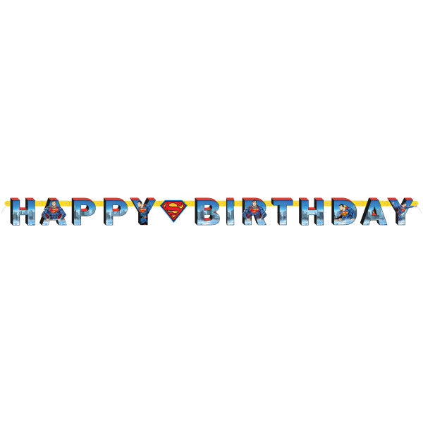 Superman Jointed Banner with colorful “Happy Birthday” letters, Superman character artwork, and superhero shield logo on a white background.